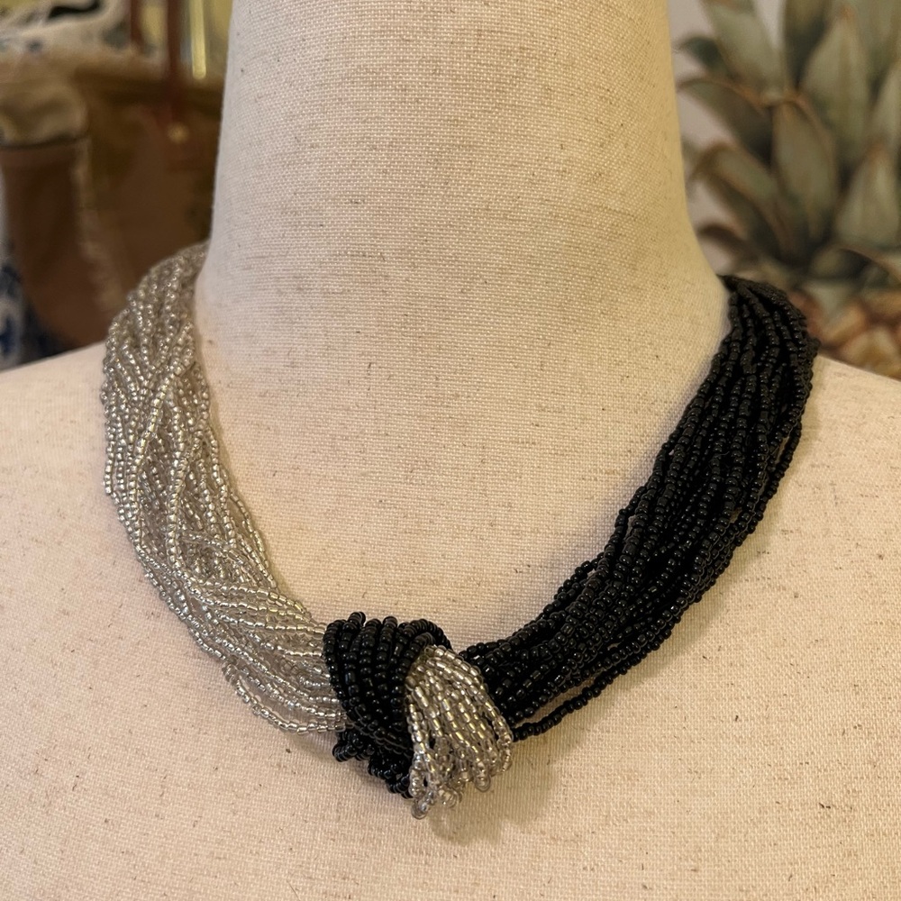 Black and Silver Seed Beaded Necklace EUC